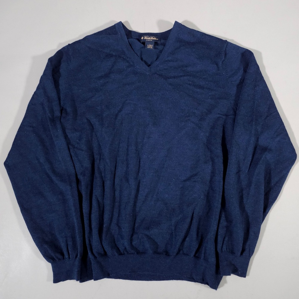 Brooks Brothers V-Neck Sweater Mens Large Blue Merino Wool Blend Stretch Knit